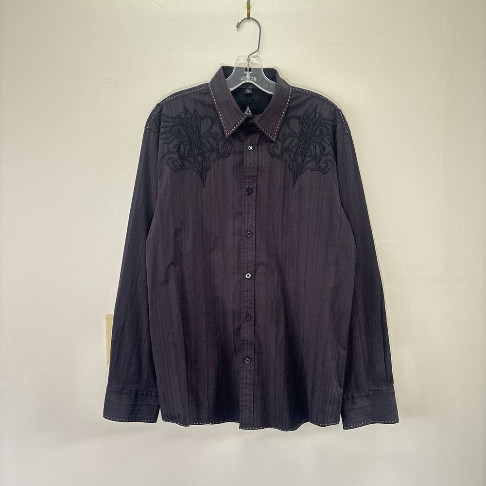Roar Shirt Mens L Black Embroidered Affliction Style Goth Grunge Y2K Button Up